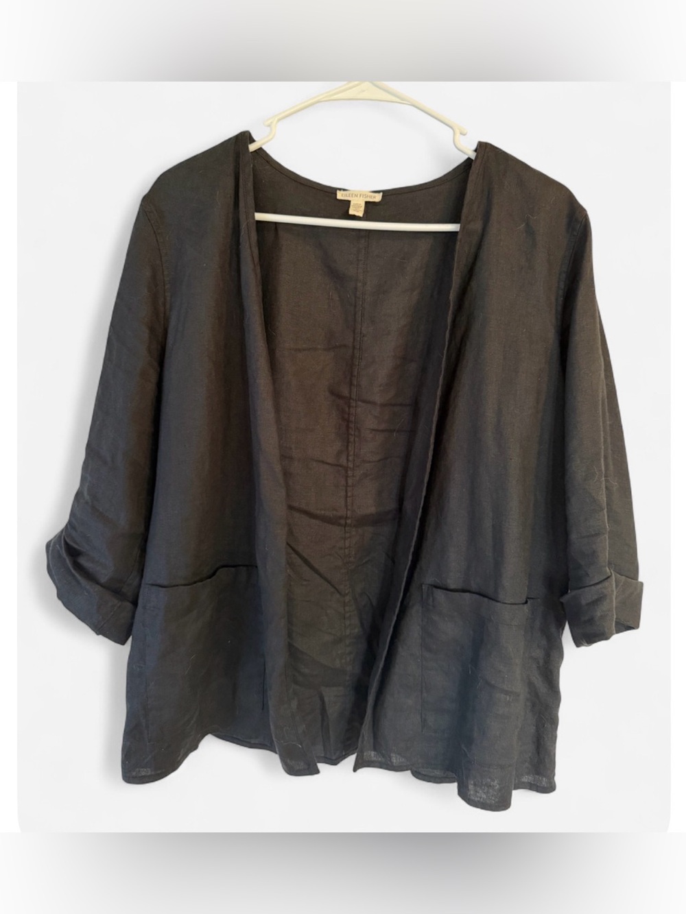 Eileen Fisher Organic Linen Black Open Front Jacket M